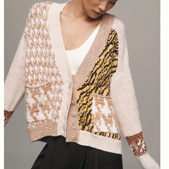 BEST Anthropologie Pilcro Mash-Up Tiger Cardigan Sweater S/M/MP/LP Orange Motif - Picture 2 of 5
